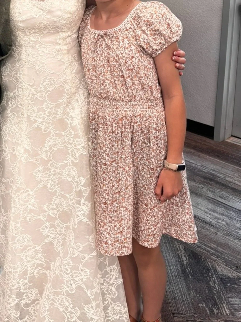 Girls Smocked Floral Puff Sleeve Dress - Blush & White